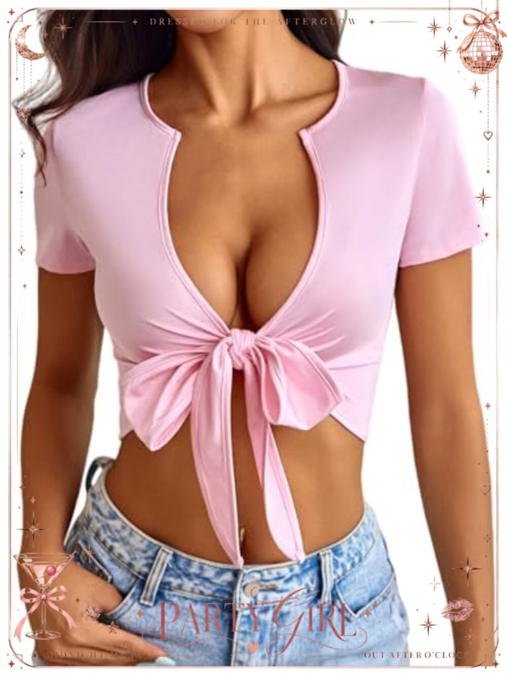 Women's Tie Front Crop Top V Neck Short Sleeve Sexy Shirt